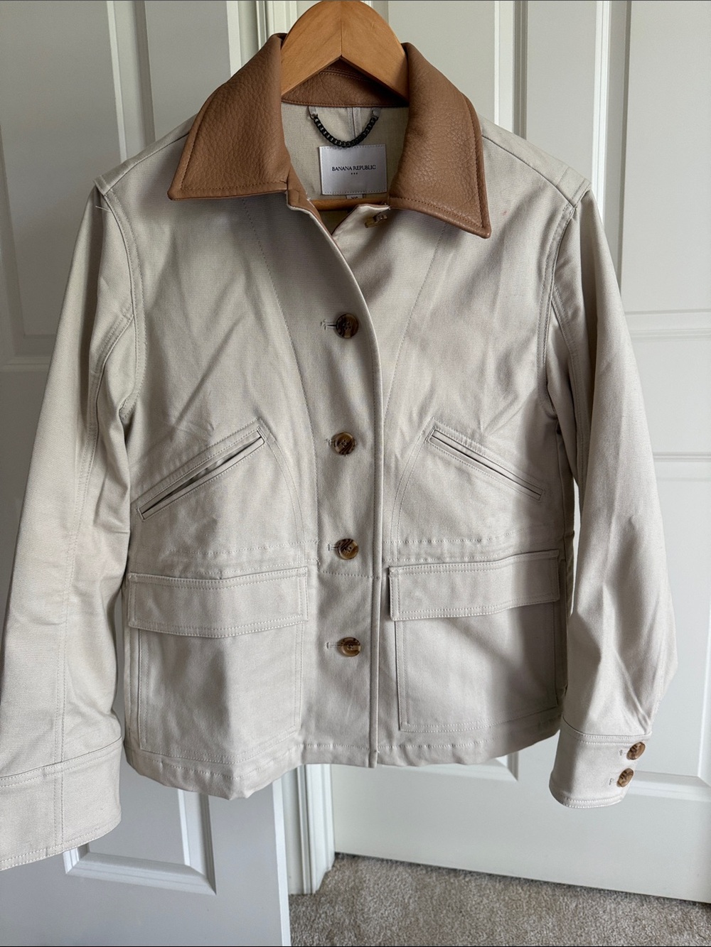 Banana Republic Cream Utility Barn Jacket with Brown Faux Leather Collar